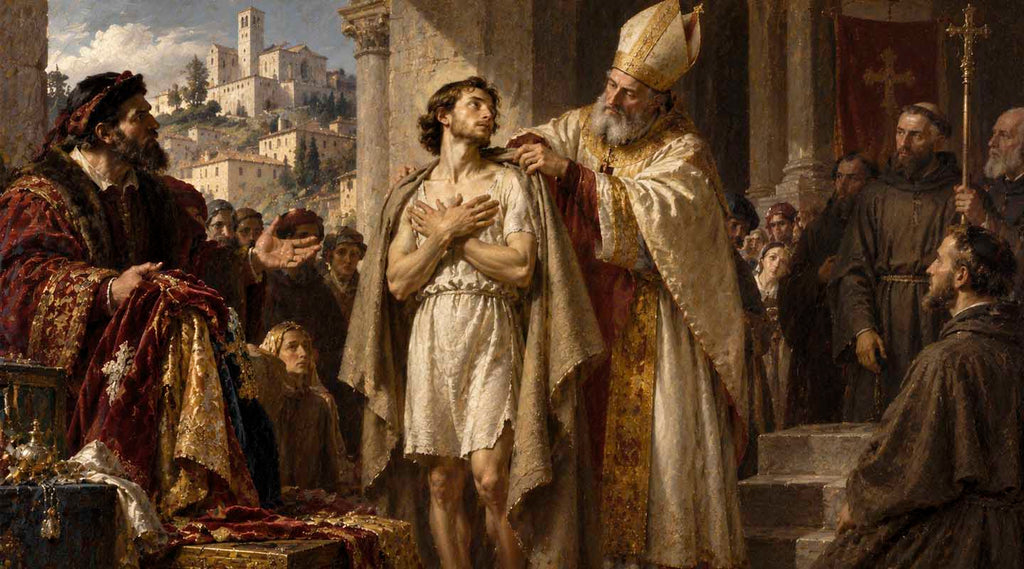 Saint Francis of Assisi receiving a simple cloak from a bishop as friars and townspeople watch outside a medieval Italian church.