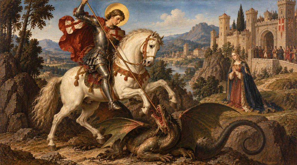 Saint George on horseback slaying the dragon as a princess watches near a medieval city