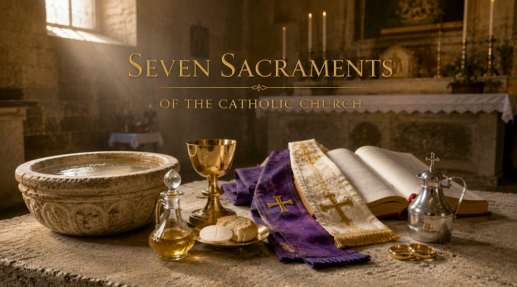 Catholic symbols of the Seven Sacraments with baptismal font, chalice, Bible, holy oils, stole and wedding rings.