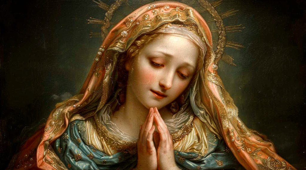 Painting of a Virgin Mary praying with a dark background