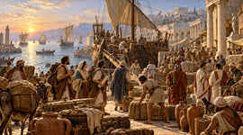 Early Christian missionaries preparing to depart from a busy Mediterranean port, surrounded by ships, merchants and Roman-era trade.