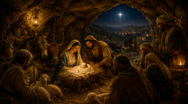 Baby Jesus Christ in a cave surrounded by Mary and the Shepherds
