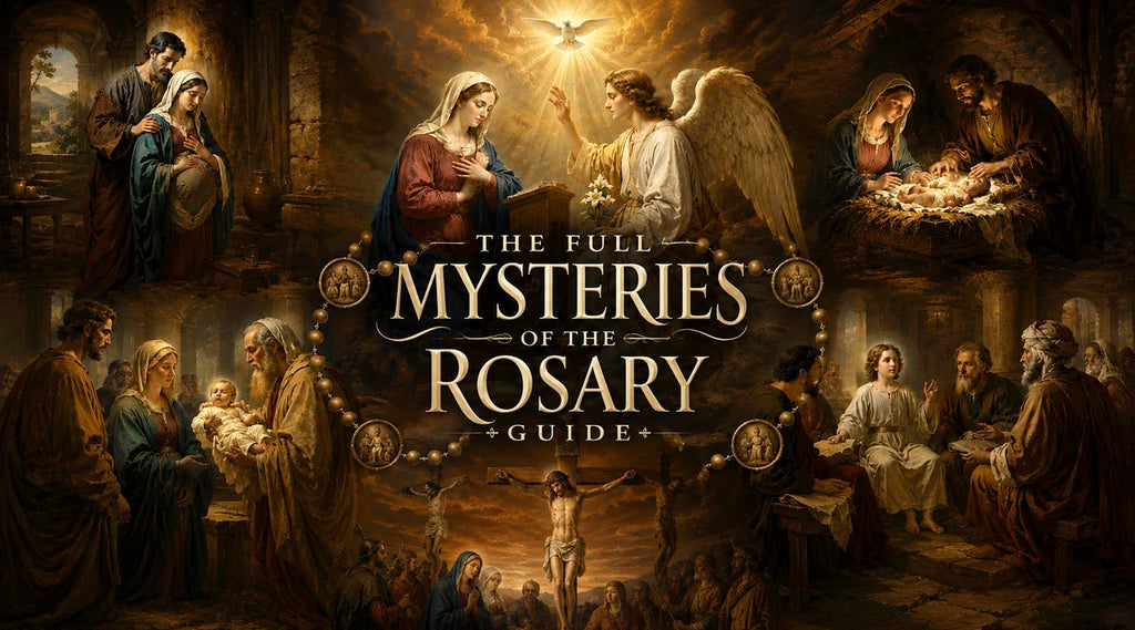 Illustrated guide to the Rosary mysteries showing key Gospel scenes connected by a rosary around the central title.