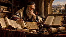 Bearded old Jewish rabbi studying Hebrew, Aramaic Scriptures and Greek texts, overlooking Jerusalem from his study.