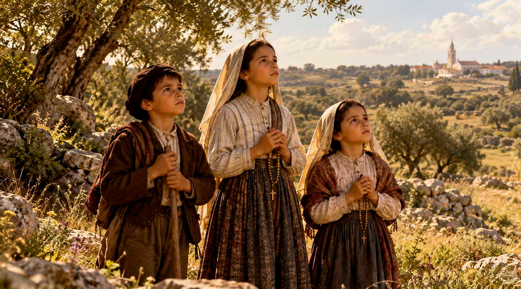 Three shepherd children of Fatima looking toward the sky in a 1917 Portuguese countryside artistic reconstruction.