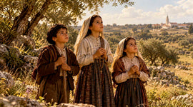 Three shepherd children of Fatima looking toward the sky in a 1917 Portuguese countryside artistic reconstruction.