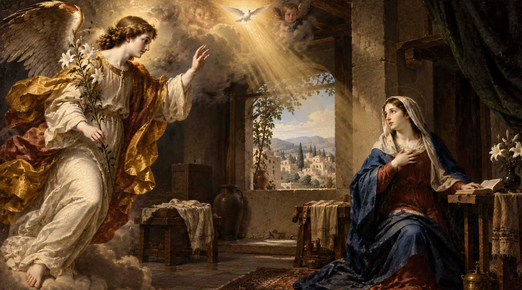The Annunciation, with the Archangel Gabriel appearing to the Virgin Mary in Nazareth as the Holy Spirit descends from heaven.