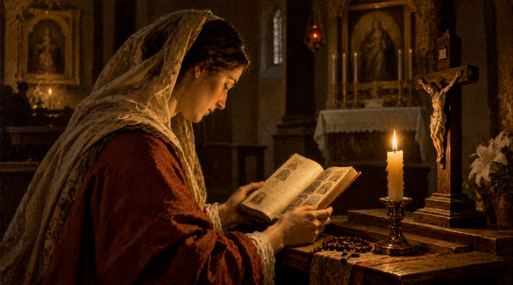 Catholic woman kneeling in prayer before a crucifix, rosary and seven burning candles inside a quiet candlelit chapel.