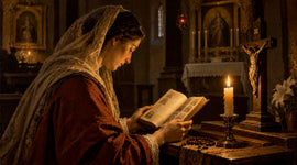 Catholic woman kneeling in prayer before a crucifix, rosary and seven burning candles inside a quiet candlelit chapel.