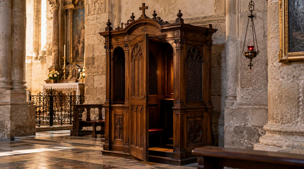 Traditional wooden confessional inside a classical Catholic church