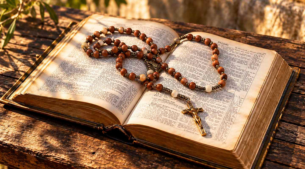Traditional olive wood Catholic rosary resting on an open Bible beside a wooden cross in a Christian home