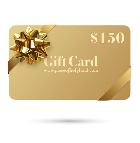 Golden gift card with golden bow of $150 floating over a white background.