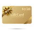 Golden gift card with golden bow of $150 floating over a white background.