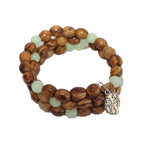 Handcrafted Jerusalem Cross Olive Wood Green Bracelet