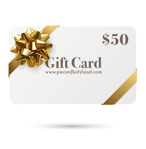 White gift card with golden bow of $50 floating over a white background.