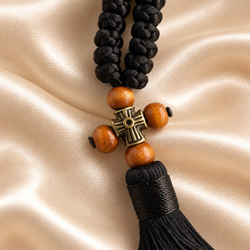 Black Chotki prayer rope with 50 knots, wooden beads and bronze-tone cross