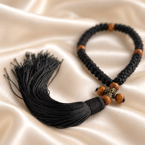 Black 50-knot Chotki prayer rope with wooden beads and bronze-tone cross