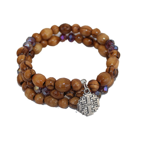 Handcrafted Jerusalem Cross Olive Wood Purple Bracelet