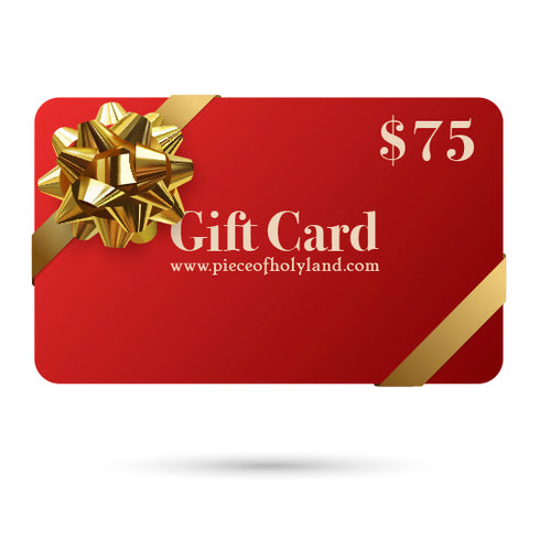 Red gift card with golden bow of $75 floating over a white background.