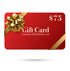 Red gift card with golden bow of $75 floating over a white background.