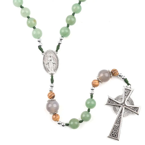 Celtic rosary with green aventurine, jade beads, Miraculous Mary medal and metal Celtic cross.