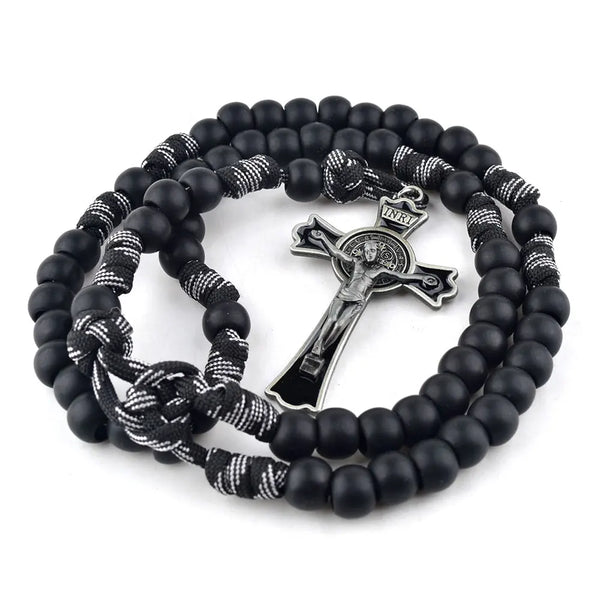 Black St. Benedict crucifix with 12mm acrylic matte beads, designed as a men's rosary.