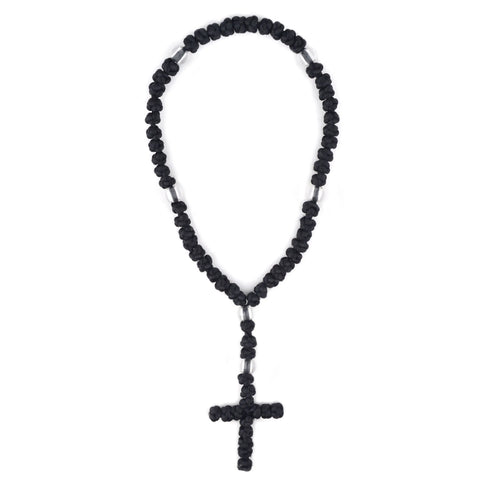 Black rope Orthodox Chotki prayer rope with evenly tied knots against white background.