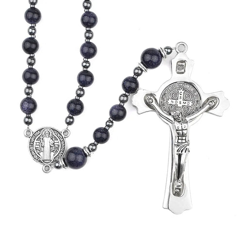 Sparkling blue 8mm sandstone man's rosary with St. Benedict crucifix.