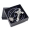 Menβs rosary with 8mm blue sandstone beads and Saint Benedict cross., presented in a black box.