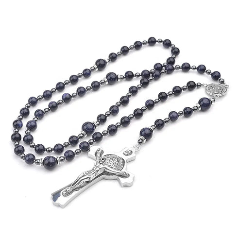 Blue 8mm sandstone menβs rosary with silver St. Benedict crucifix.