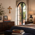 Cozy bedroom with a bed, books, and decorative items.
