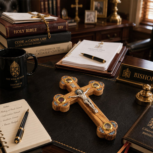 Wooden cross on a desk with religious books and a cup.