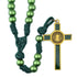 Green 12mm paracord rosary with Saint Benedict crucifix, designed for men, shown on white background.