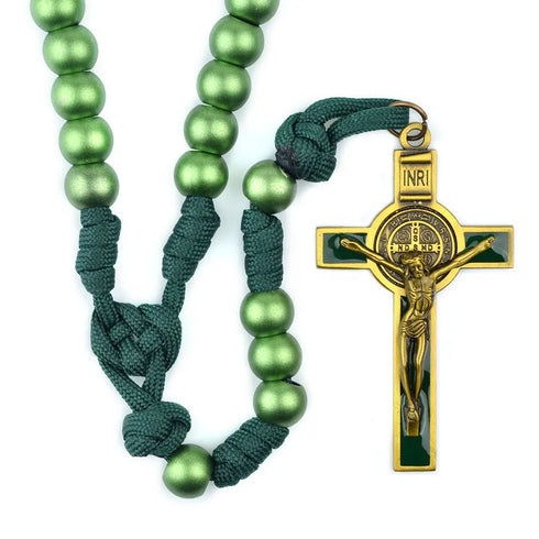 St. Benedict men’s rosary with green paracord and matte 12mm acrylic beads on white background.