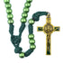 St. Benedict men’s rosary with green paracord and matte 12mm acrylic beads on white background.