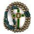 A bronze-coloured 12mm iron bead rosary with green St. Benedict crucifix and paracord laid on white surface.