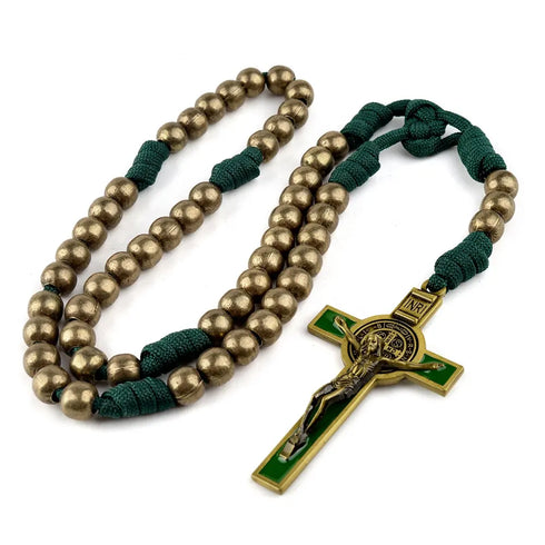 Green paracord rosary for men with 12mm bronze beads and Saint Benedict crucifix.