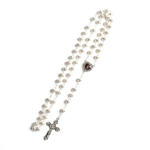 Immaculate Sacred Heart of Jesus rosary with 8mm red rhinestone beads, shown on white background.