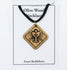 Olive Wood Necklace with a chalice and grapes design on a white card.