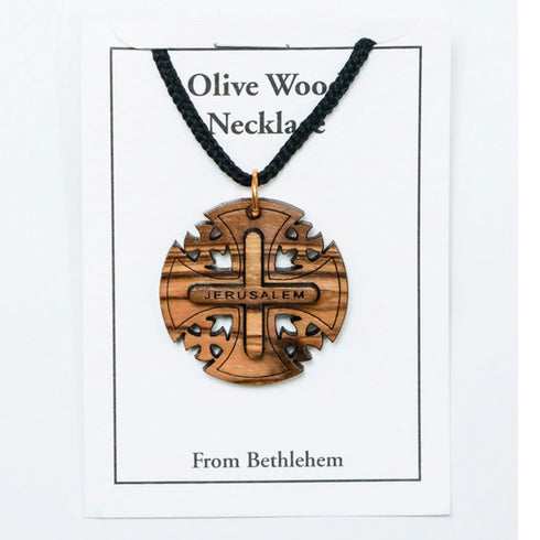 Olive wood necklace with Jerusalem cross pendant on a white card