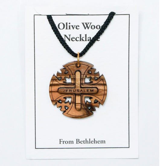Olive wood necklace with Jerusalem cross pendant on a white card