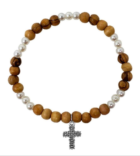 Olive Wood Bracelet With White Crystal beads and Cross