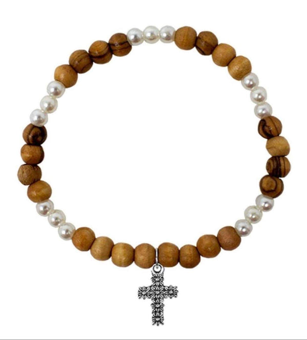 Olive Wood Bracelet With White Crystal beads and Cross