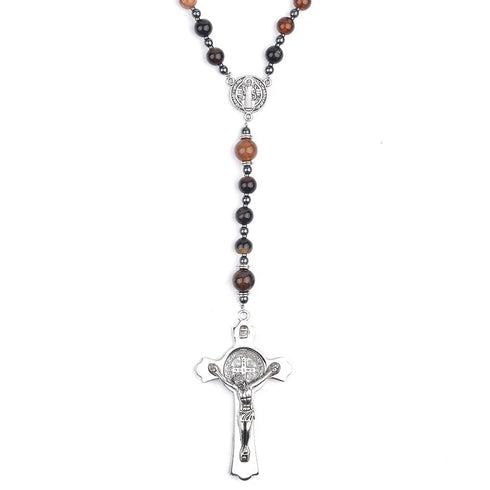 St. Benedict medal rosary for men, made with polished 8mm brown agate beads, a silver crucifix.