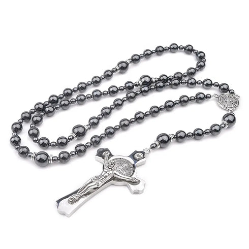 Masculine hematite rosary featuring St. Benedict medal centrepiece and a stainless steel St.Benedict Crucifix.