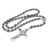 Masculine hematite rosary featuring St. Benedict medal centrepiece and a stainless steel St.Benedict Crucifix.