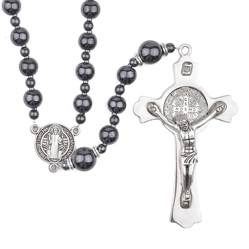 Hematite rosary with stainless steel Saint Benedict crucifix, designed for men.