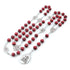 Seven Sorrows chaplet rosary with rose-scented 8mm red wood beads on white background.