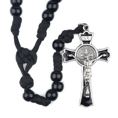 Black paracord men’s rosary with St. Benedict crucifix and shiny bold 12mm beads.