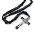 Men’s 12mm black acrylic rosary with paracord and St. Benedict cross, against white background.